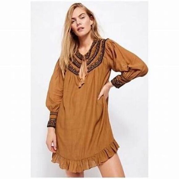NWT- Free People- Erin Embroidered Brown/ Black Long Sleeve Dress, Size Large - Picture 1 of 10